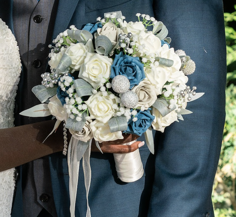 teal, silver and ivory wedding bouquet, teal artificial wedding flowers